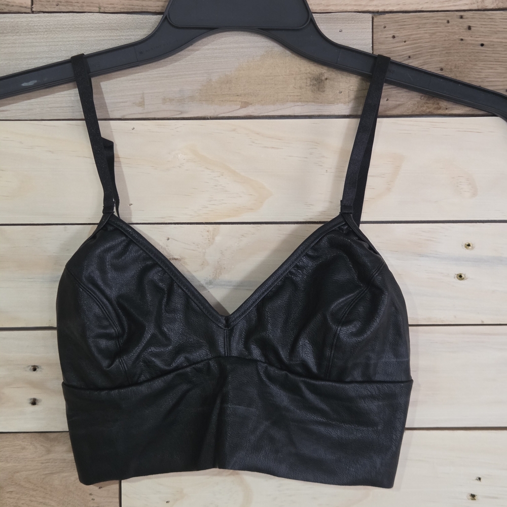 NWT Commando Faux Leather Longline Bralette Womens  Black Stretchy Festival Sz S